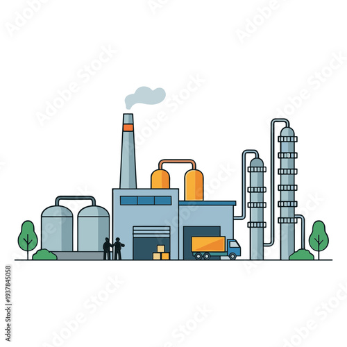 Factory Buildings Collection Exterior Manufacturing, Gas Station and Oil Refinery Engineering Chemical Industry Flat Vector Illustration Set