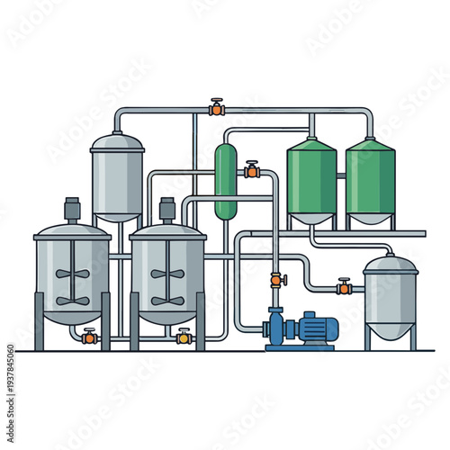 An industrial process system with machinery and pipes is shown operating in a factory.