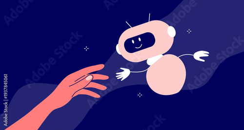 Ai help. Human asks robot for support. Android lends helping hand to person. Artificial intelligence chat bot vector illustration. Virtual assistant concept. Smart support, robotic work, machine learn