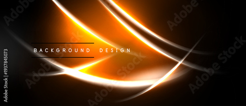 Abstract neon lines create dynamic background. Orange, yellow glow contrasts dark space. Modern design element for digital projects.