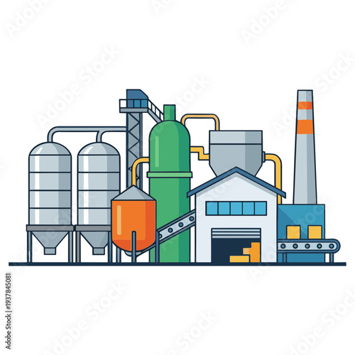 Factory Buildings Collection Exterior Manufacturing, Gas Station and Oil Refinery Engineering Chemical Industry Flat Vector Illustration Set
