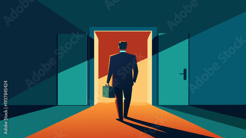 Silhouette of businessman walking toward bright open door representing new career opportunities and success..eps