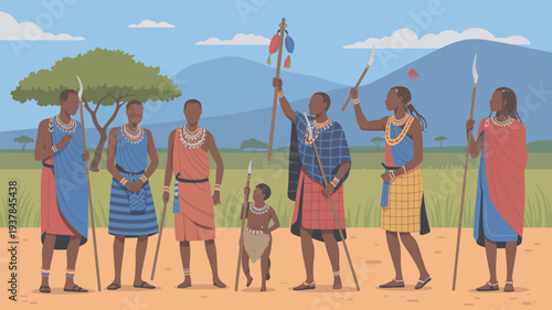 A group of people in traditional African clothing standing together in a rural landscape with mountains in the background.
