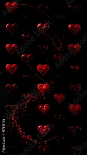 A black background with a spiral of red hearts