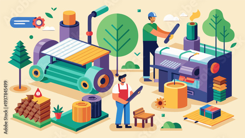 Smart Factory Automated Paper Processing Line and Employee Characters.eps