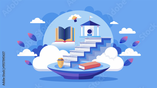 Steps to graduation concept with open book staircase and university hat.eps