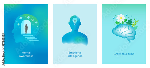 Mental health and psychotherapy concept illustration. Collections of Psychology, dream, brain, neuroscience and creative mind poster