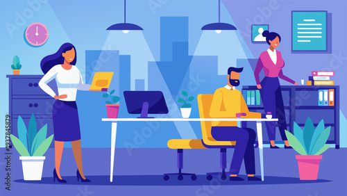 Teamwork and Collaboration Concept with Coworkers Discussing Project at Desk in Modern Office.eps