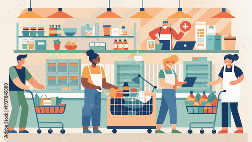 Supermarket scenes with shoppers, cashier services, and cleaning staff.eps