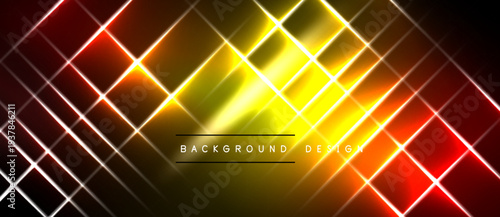 Abstract geometric pattern. Bright lines intersect, creating dynamic yellow, orange, red glow. Dark background emphasizes luminosity.