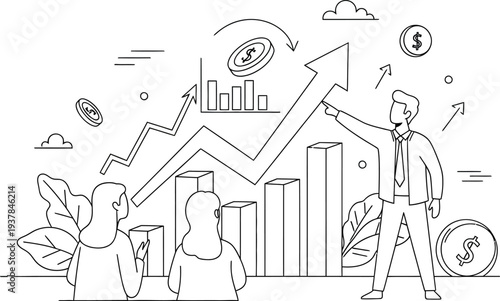 Businessman points at rising bar chart showing financial success with flying currency coins indicating profit growth.