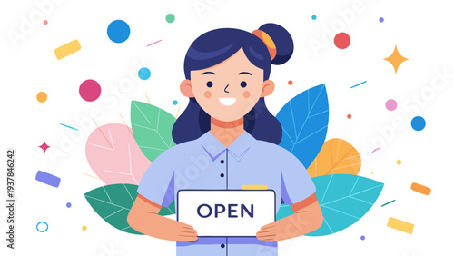 Vector illustration of a happy woman announcing grand opening or store reopening..eps