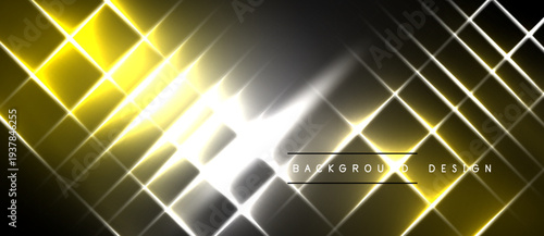 Abstract geometric pattern. Bright lines form squares, gradients transition from yellow to white. Dark background enhances luminosity.