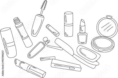 Collection of Makeup Items Line Art Lipstick Mascara Nail Polish Powder Compact Cosmetic Bag