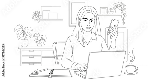 Young professional woman works remotely from home office setup while holding a smartphone in her hand.
