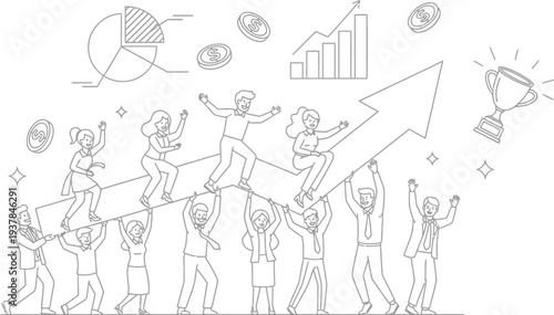 Diverse team collaboratively carries a large upward trending arrow representing shared success toward a gleaming trophy.