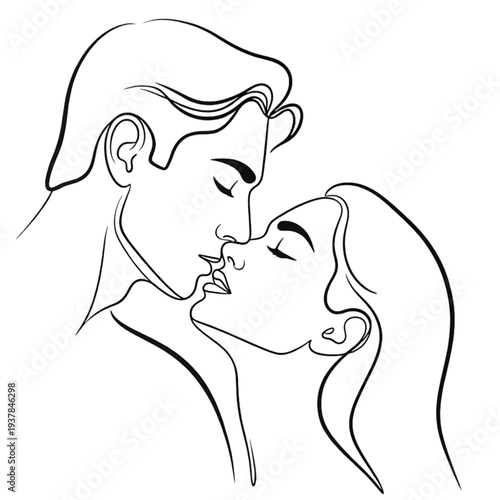 Continuous line drawing of a romantic couple sharing a kiss