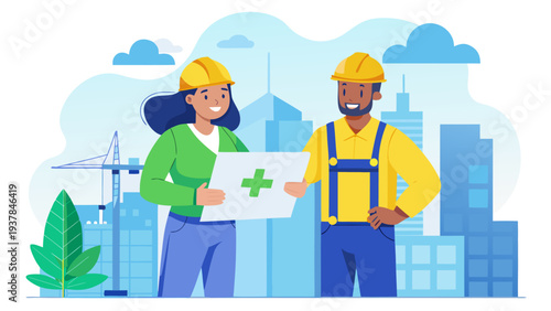 Vector Illustration of Civil Engineers Holding Floor Plan in Front of City Skyline.eps