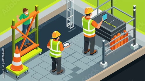 Vector Illustration of Construction Crew and Supervisor at Industrial Worksite.eps