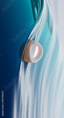 A luminous pearl rests on the crest of a soft, blue wave, reflecting light and creating a serene, tranquil scene.