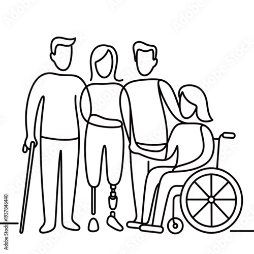Four people with disabilities standing and sitting together for support and inclusion