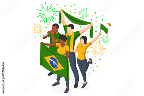 Isometric football supporter celebrate victory with flag and scarf. Brazil fan group cheer during soccer championship with confetti and firework. Concept of national team support, sport festival and