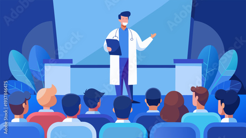 Vector illustration of doctor at tribune with microphone for audience.eps
