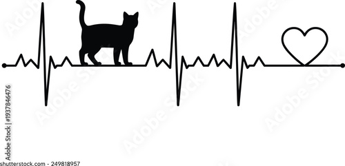 Cat Silhouette Climbing Heartbeat Line with Heart Symbol