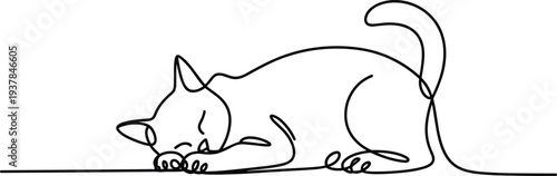Sleeping Cat One Line Drawing Minimalist Art Cute Feline Resting Comfortably Simple Pet Illustration