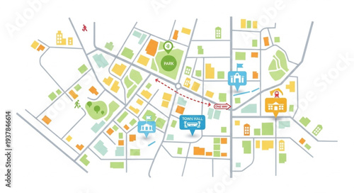 City Map with Colored Buildings and Roads.