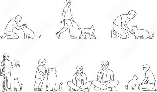 People Interacting With Pets and Animals Line Art Collection