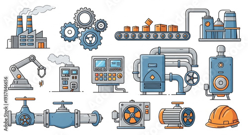 Industrial factory equipment and machinery icons set.