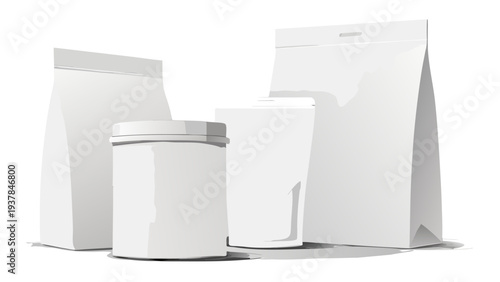 White blank food packaging mockups Stand-up pouch, snack bag, and gusseted coffee bag set on white background..eps