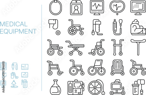 Medical Equipment Icons Set Healthcare Devices and Mobility Aids Clean Line Art Style