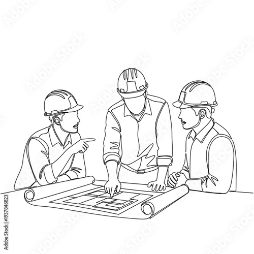Three construction workers in hard hats looking at building plans together