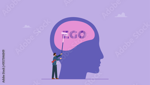 Selfishness as a bad habit from which it is necessary to refuse concept. Businessman clear word ego out of human brain with paint roller.