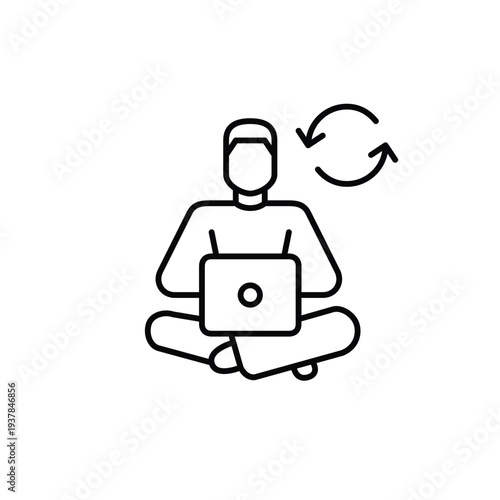 Man working or studying at laptop and refresh arrows. Office update, remote work refresh, digital workflow renewal. Pixel perfect, editable stroke vector icon