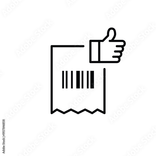 Purchase approval, transaction trust. Receipt with bar code and thumbs up. Pixel perfect, editable stroke vector icon