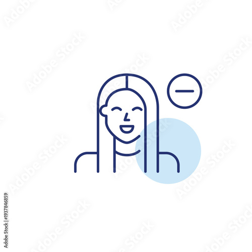 Young woman and minus. Remove user, delete avatar. Reduce profile access. Pixel perfect, editable stroke vector icon