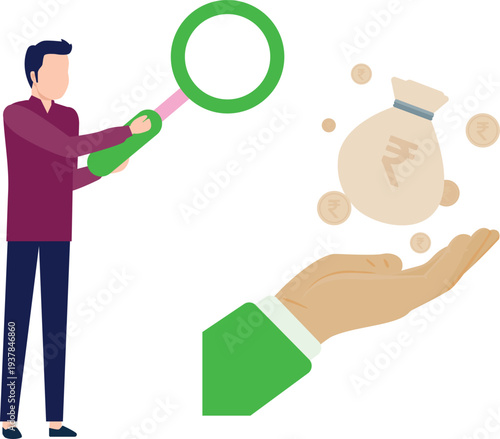  Man using a magnifying glass to inspect a money bag, illustrating attention to detail in financial matters.