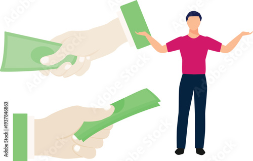 A man transfers money to another man, illustrating a direct exchange of currency between the two individuals.