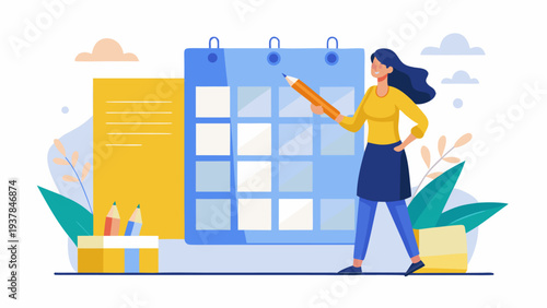 Young Woman Planning Business Goals and Objectives on Giant Notebook with Sticky Notes.eps