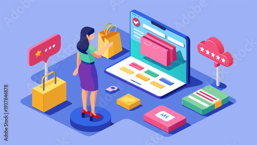 Isometric online shopping and mobile payment concept with woman user interface and retail app.eps