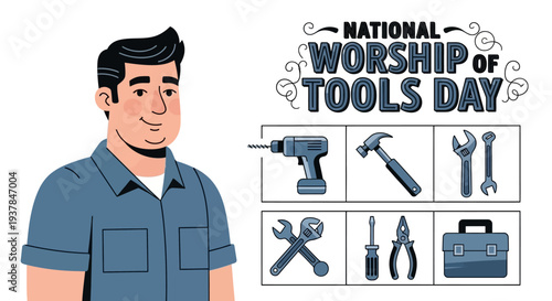 Illustration celebrating National Worship of Tools Day with a handyman and various work tools on a table