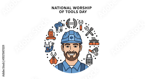 A smiling handyman in a blue uniform and cap surrounded by various work tools on National Worship of Tools Day.