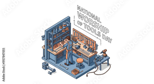 Isometric illustration of a workshop celebrating National Worship of Tools Day with various tools and equipment.