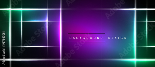 Abstract neon lights form geometric shapes. Gradient purple, teal hues dominate dark background. Text reads background design.
