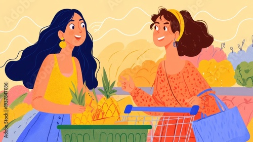 Grocery shopping fun two friends at the market illustration vibrant environment cheerful viewpoint friendship concept