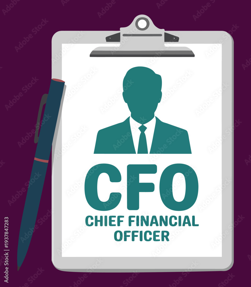 Obraz premium Illustration of a clipboard with a document displaying 'CFO Chief Financial Officer' and a silhouette of a professional, accompanied by a pen.