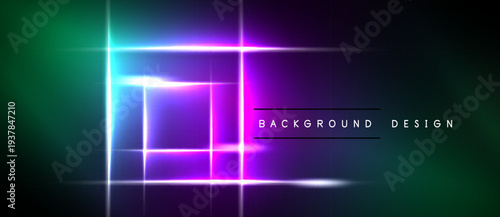 Abstract neon squares overlap dark background. Vibrant purple, green hues create futuristic visual effect. Minimalist design elements present.